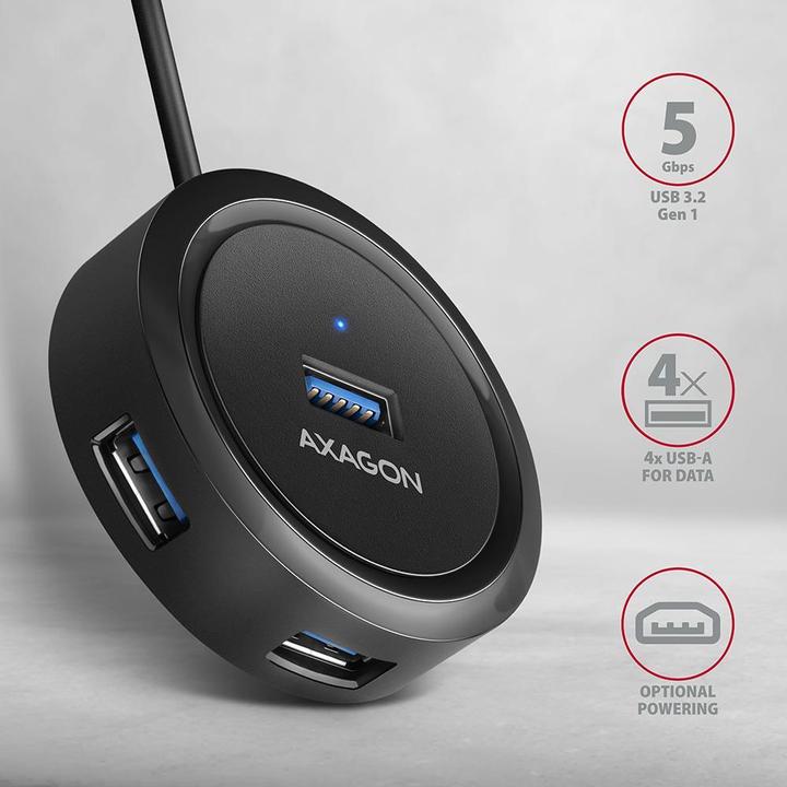 Image du produit Axagon HUE-P1AL concentrateur d'interface USB 3.2 Gen 1 (3.1 Gen 1) Type-A Noir (USB-C, 4 Ports)