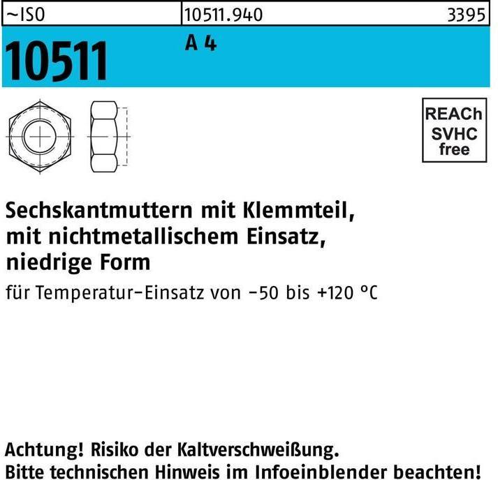 Sechskantmutter ISO 10511 m.Klemmteil M 4 A 4 (M4)