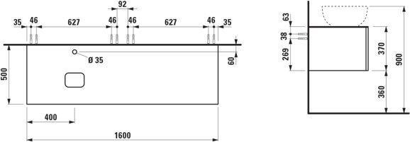 Actual product image Laufen Il Bagno Alessi drawer unit, 1 tap hole, stone top Marrone Naturale, cutout left, 160x50x37cm