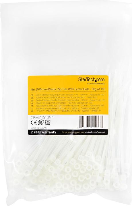 Produktbild StarTech 10cm(4") Cable Ties with Mounting Hole, 2mm(1/16") wide, 24mm(7/8") Bundle Dia. (Kunststoffkabelbinder, 3 mm, 100 Stk.)
