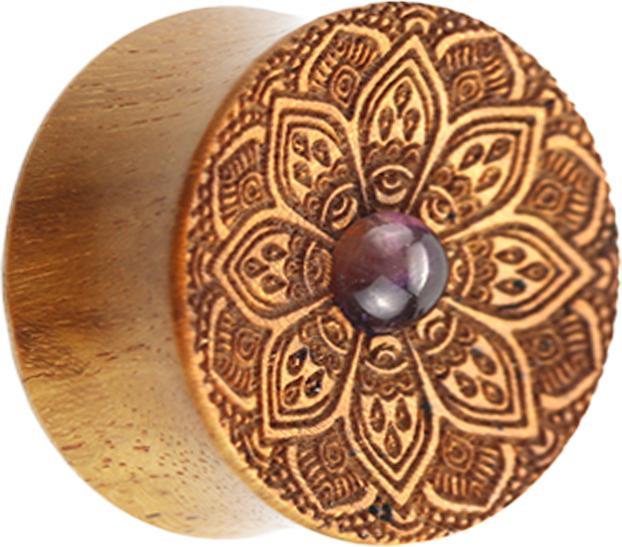 Star Piercing Flared Plug Mandala Blume mit Amethyst Stein aus Teakholz (Organisch, ohne Messing, Mineralisch)