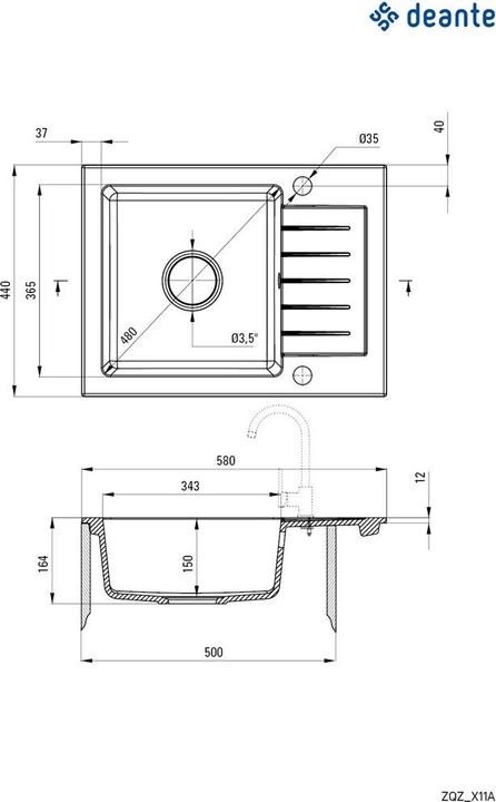 Actual product image Deante 1-bowl granite sink with drainer (44 cm, 58 cm)