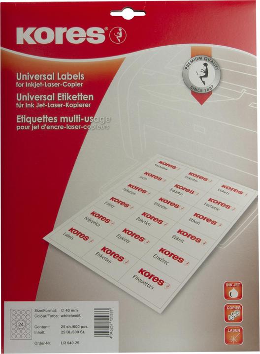 Produktbild Kores Universal-Etiketten, Durchm.: 40 mm, weiá, 25 Blatt