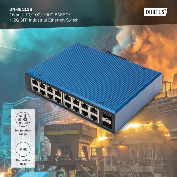 Image du produit Digitus Commutateur industriel Ethernet 16 ports 10/100/1000BASE-TX + 2G SFP (16 Ports)