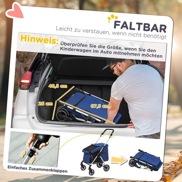 Produktbild Swisshandel24 Hundewagen Hundebuggy klappbar für Hunde & Katzen bis 10 kg Katzenbuggy, dunkelblau (Hund, Katze, Atmungsaktiv, Waschbar, Faltbar)