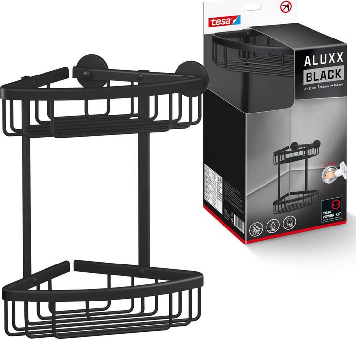Actual product image tesa ALUXX BLACK corner shower basket incl. adhesive solution without drilling (17.5 x 17.5 x 34.5 cm)