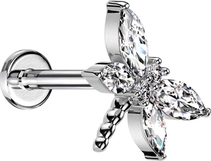 Star Piercing Micro Threadless Labret silber Libelle silber Flügel Kristalle silber (Chirurgenstahl 316L, Messing)