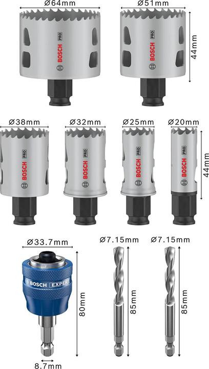 Actual product image Bosch Professional Zubehör PRO Multi Material PC Plus hole saw set, 9 pcs. (25 mm, 20 mm, 38 mm, 32 mm, 64 mm, 51 mm)