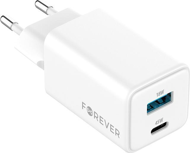 Productafbeelding Forever TC-08-45AC GaN PD QC charger 1x USB-C 1x USB 45W white (45 W)