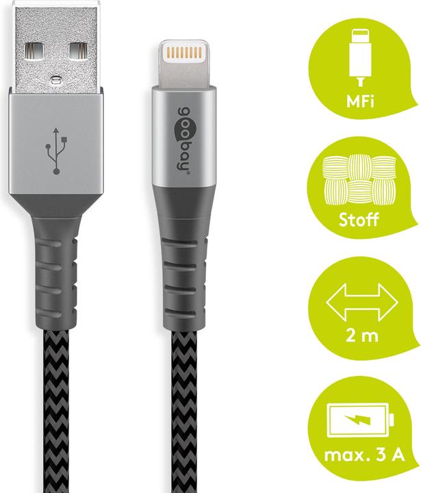 Produktbild Goobay Lightning auf USB-A Textilkabel mit Metallsteckern (space grau/silber) 2 m, 2 m, Schwarz-Grau (2 m, USB 2.0)