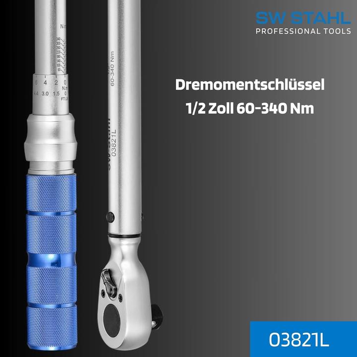 Produktbild SW-Stahl 03821L Drehmomentschlüssel 1/2 60-340 Nm I Umschaltknarre lang I 62 cm lang 48 Zähne I Dreh (1/2", 340 Nm, 60 Nm)