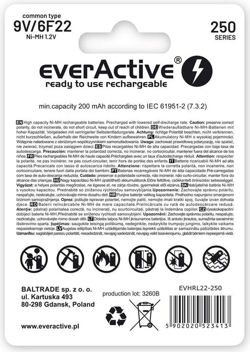 Actual product image Everactive Rechargeable 6F22 9V 250 mAh (1 pcs., 9V Block, 250 mAh)