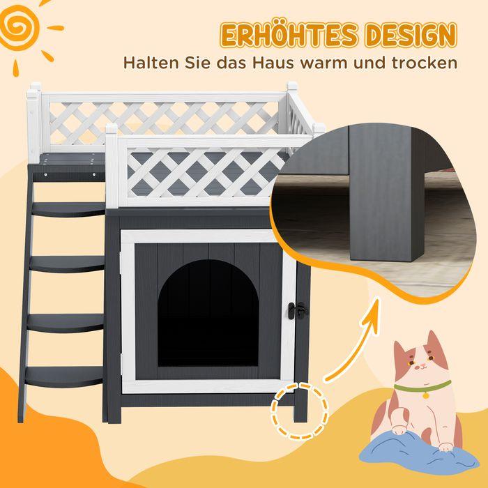 Produktbild Swisshandel24 Katzenhöhle, Katzenhütte aus Tannenholz, Katzenhaus mit Balkon, Treppe Grau (Katze)