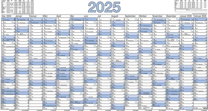 Calendrier d'affichage 2025, 140x77cm, calendrier d'affichage avec 15 mois sur 1 page, 5 pcs. roulé (Couverture rigide, Allemand)