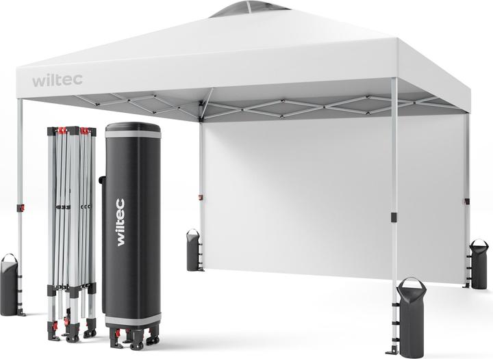 Pop up Pavillon 3x3m weiss Seitenteil Räder Gartenpavillon Faltpavillon (300 cm, 300 cm)