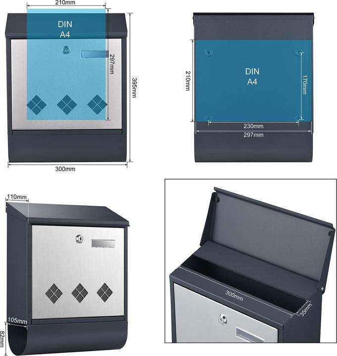 Produktbild Wiltec Briefkasten V36 Anthrazit Edelstahl 305x105x385mm pulverbeschichtet Wand