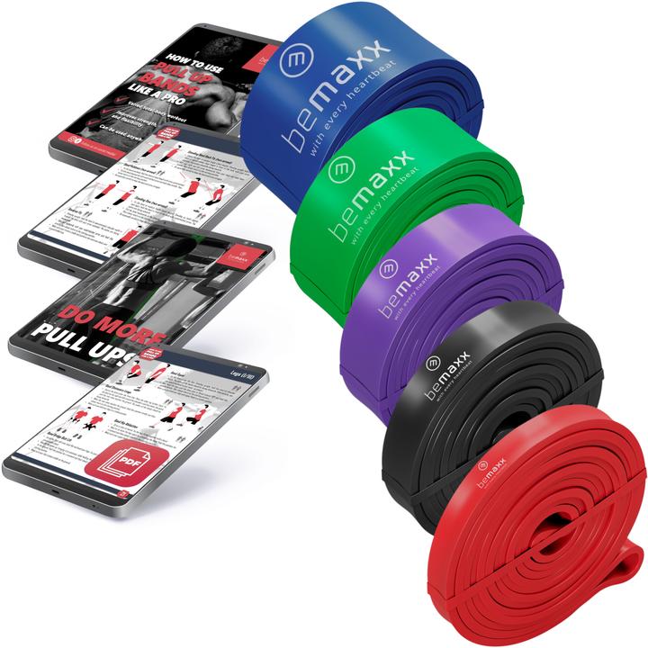 BeMaxx Lot de 5 bandes de traction pour le fitness (rouge, noir, violet, vert, bleu)