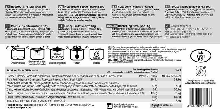 Nutritional values and ingredients Tactical Foodpack Beetroot and Feta Soup (1 Piece, 60 g)