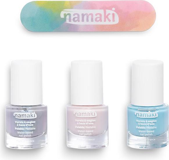 Produktbild Namaki Set 3 wasserbasierende, abziehbare Nagellacke Frosted Blue Pale Pink Blue Silver mit gratis Nail Fi (Frosted Blue Pale Pink - Blue Silver, Gel-Effekt Nagellack)