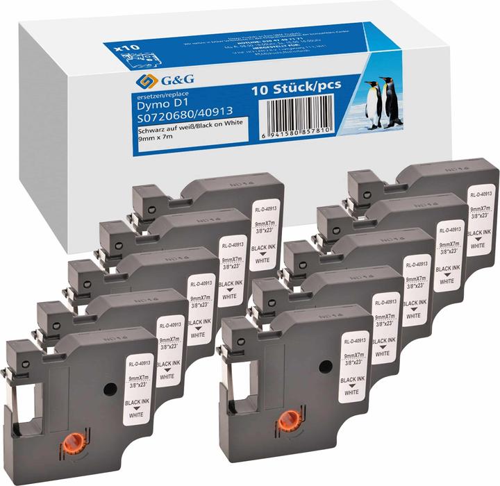 Produktbild 10x Schriftband -VORTEILSPACK- Kompatibel mit Dymo D1/ 40913/ S0720680/ 2093096 (0.90 cm, Weiss)