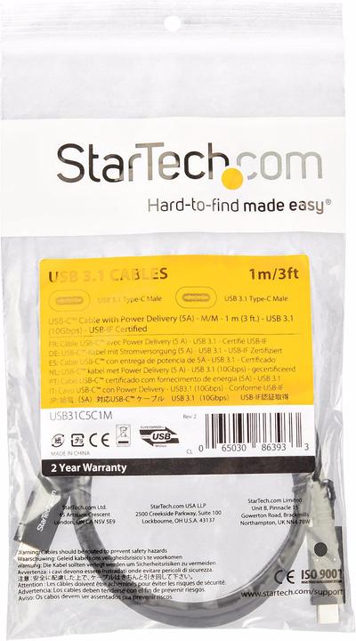 Immagine prodotto StarTech Cavo USB-C con Power Delivery (5A) - St/St - 1m - USB 3.1 (10Gbit/s) - Certificato (1 m, USB 3.2 Gen 2, 100 W)