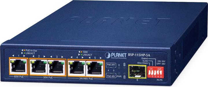 Productafbeelding Planet 5-poorts hybride PoE Solar schakelaar + 1-poorts SFP BSP-115HP (6 Havens)