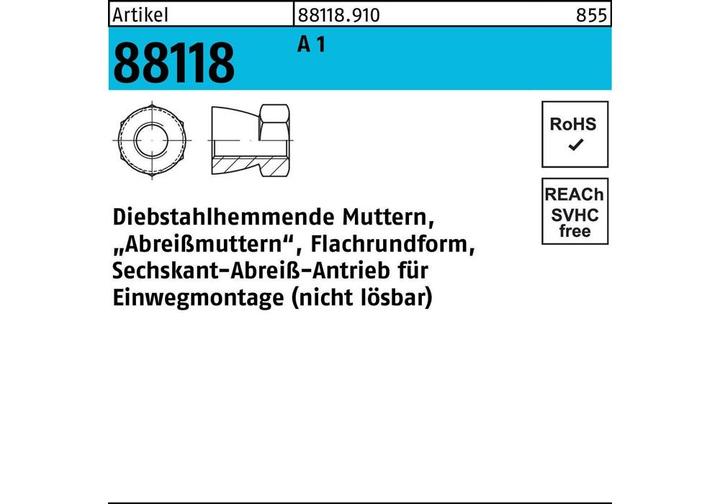 Produktbild Mutter R 88118 diebstahlhemmend M 12 x 9 A 1