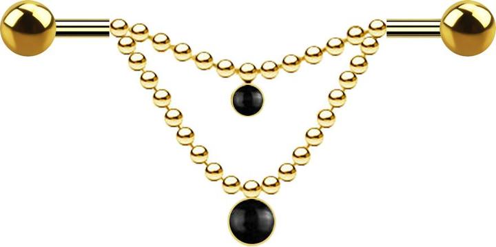 Star Piercing Barbell vergoldet zwei Kugeln zwei Ketten Onyx Stein (ohne Messing, Mineralisch, Chirurgenstahl 316L)