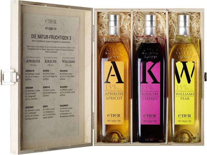 Actual product image Etter Wooden box with 1 bottle each 35 cl apricot/cherry/Williams * (1 x 35 cl)