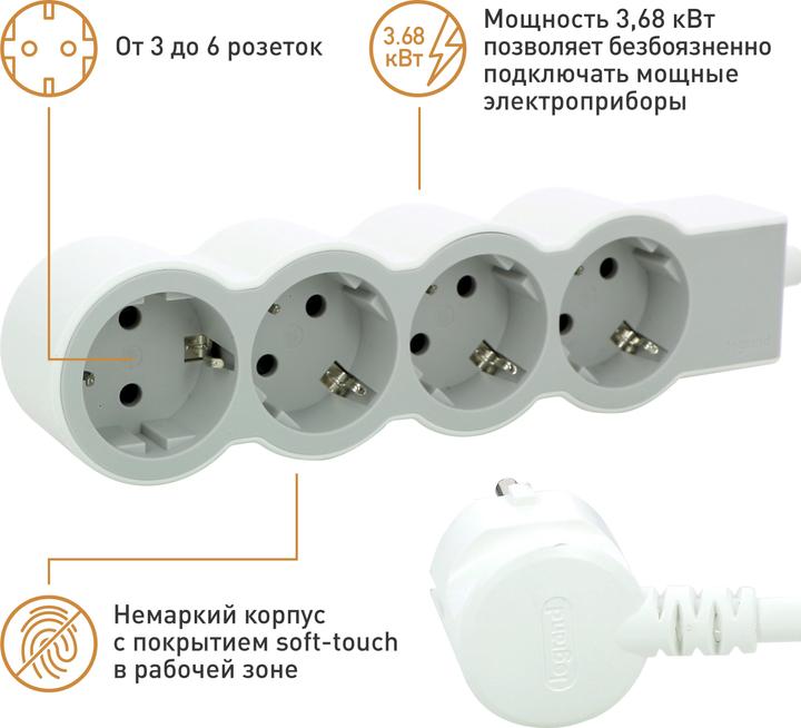 Actual product image Legrand Flat socket strip 4x socket, 3 metre cable white-grey 694561 (4 x, CEE 32/3, 3 m)