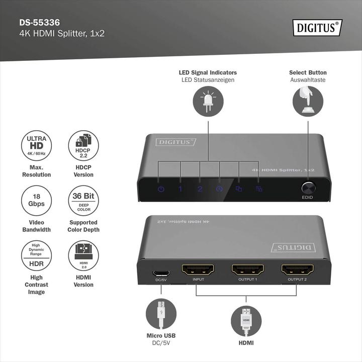 Immagine prodotto Digitus Splitter HDMI 4K, 1x2