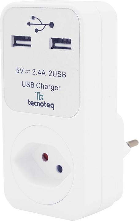 Actual product image Tecnoteq Socket outlet with 2x USB charging port 2.4A overvoltage protection, Swiss-Edition