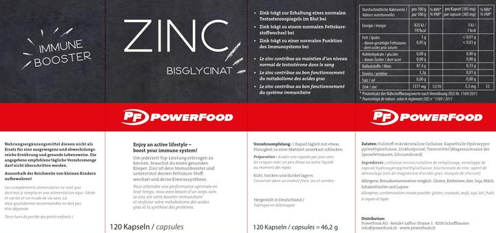 Nutritional values and ingredients PowerFood One Zinc (120 Piece, Capsules, 60 g)
