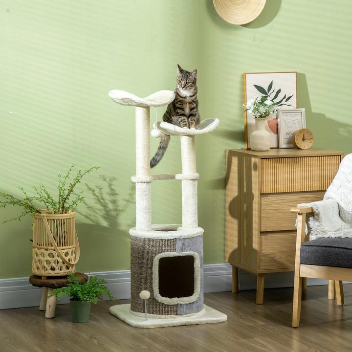 Actual product image PawHut Scratching post with cat cave, two platforms, plush cover, cream white, 48x48x110cm (110 cm, Cream white)