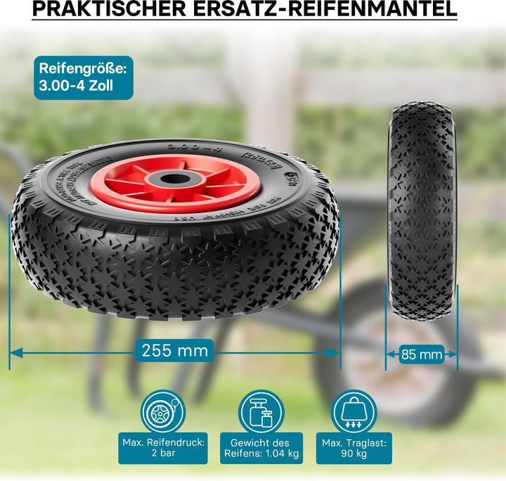 Produktbild Wiltec Rad Reifen 3.00-4 90kg Winkelventil Luftreifen Felge Ersatzrad Sackkarre