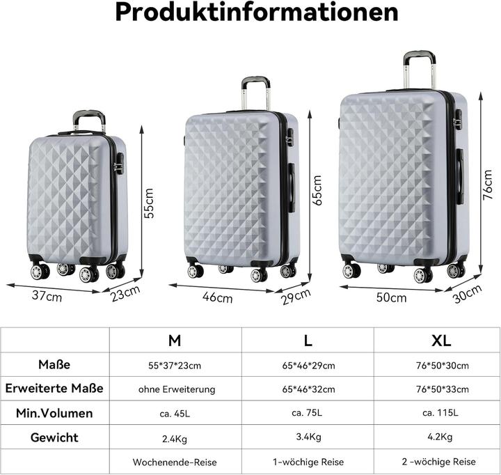 Image du produit Beibye 3-teiliges Kofferset mit Zwillingsrollen (Bagage à main (jusqu'à 50l), M (50 - 90l), XL (à partir de 115l))