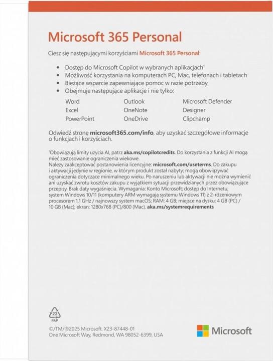 Produktbild Microsoft 365 Personal PL (1 osoba. 5 urządzeń  12 miesięcy wersja fizyczna Polska) (EP2-32454) (1 User, 12 Monate)