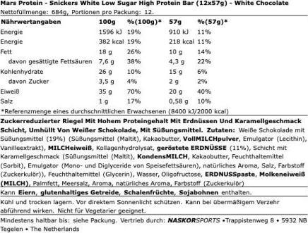 Nährwerte und Zutaten Snickers Hi Protein Low Sugar Bar (Weisse Schokolade, 12 Stk., 570 g)