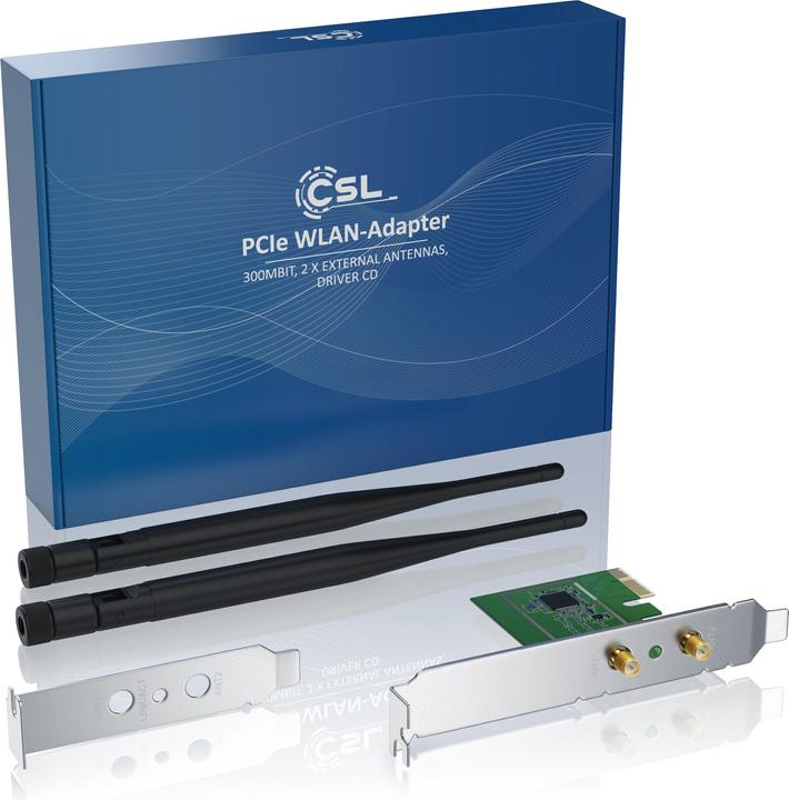 Produktbild CSL 300 Mbit s PCIe Netzwerkkarte WLAN 2,4 GHz - empfangsstarke 2T2R Hochleistungs Doppelantenne (PCI-E x1)