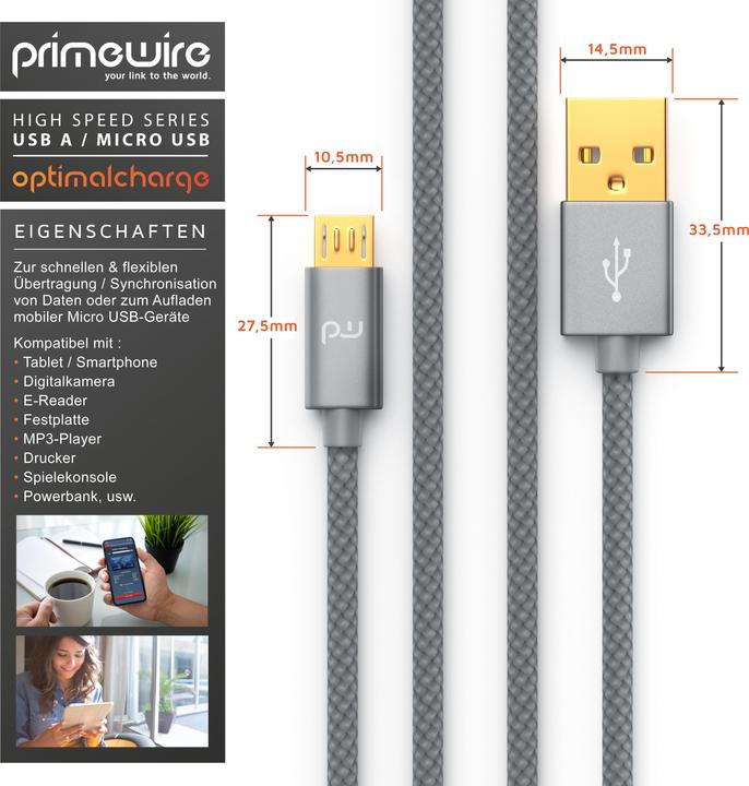 Produktbild Primewire Micro USB Kabel - 2,4A MicroUSB Schnellladekabel, Nylon, Metallstecker, Datenkabel Ladekabel (1 m, USB 2.0)