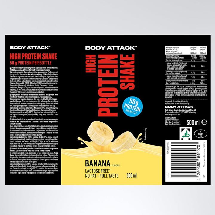 Produktbild Body Attack High Protein Shake (12 x 500ml) (Banane, 12 Stk., 6000 g)