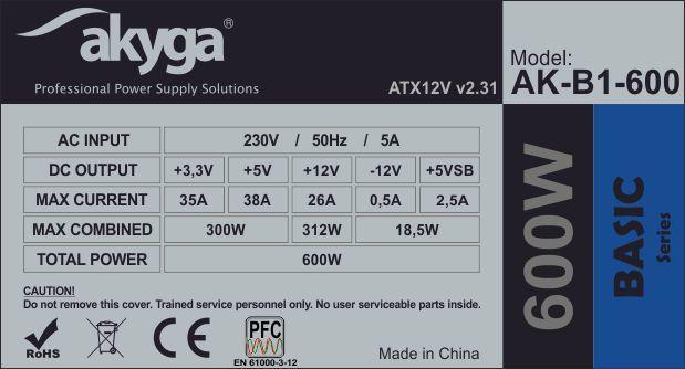 Produktbild Akyga Basic ATX Power Supply 600W AK-B1-600 Fan12cm P4 3xSATA PCI-E (600 W)