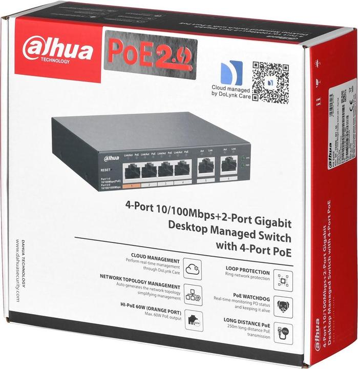 Immagine prodotto Dahua Switch||CS4006-4ET-60|Tipo L2|Desktop/pedestallo|Porte PoE 4|CS4006-4ET-60 (6 Porti)