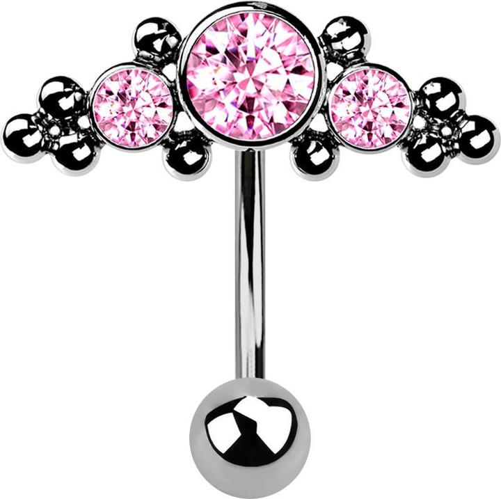 Star Piercing Micro Threadless Banane silber mit Kugel und Aufsatz mittig mit Kugeln und drei Kristallen pink (ohne Messing, Titan G23)