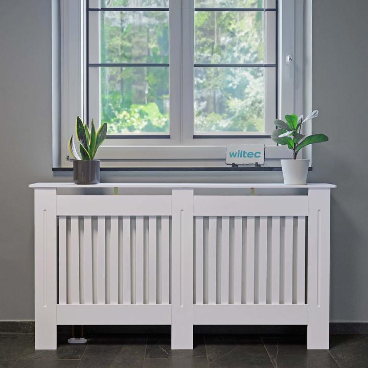 Actual product image Toboli Radiator Cover 172x19x82cm Painted in White MDF Grid-pattern Heater Protection with Shelf