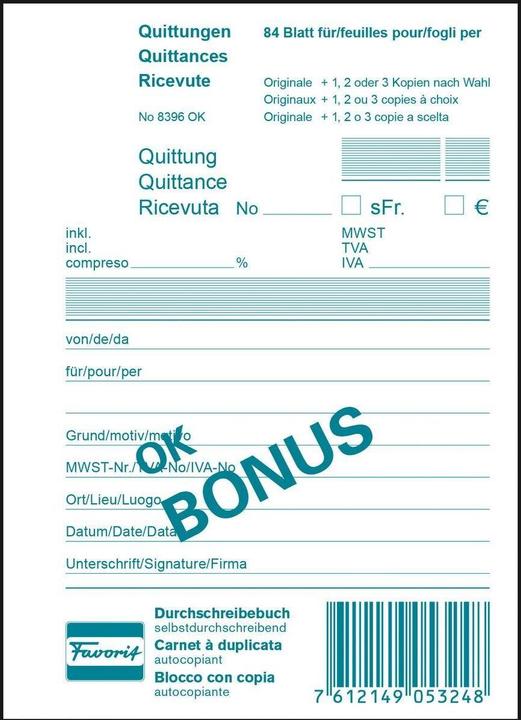 Favorit Carnet autocopiant OK Bonus Quittances (84 x)