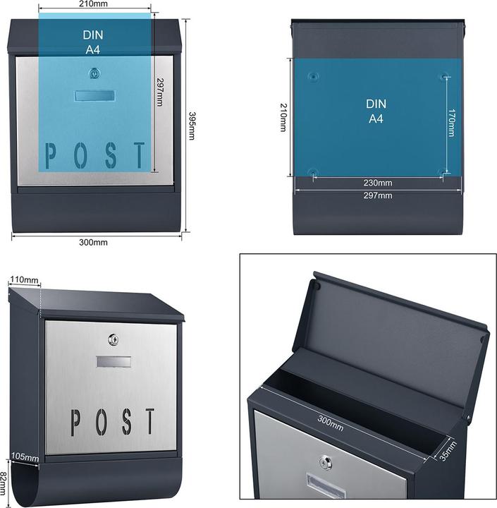 Produktbild Wiltec Briefkasten V38 Anthrazit Edelstahl 305x105x385mm pulverbeschichtet Wand