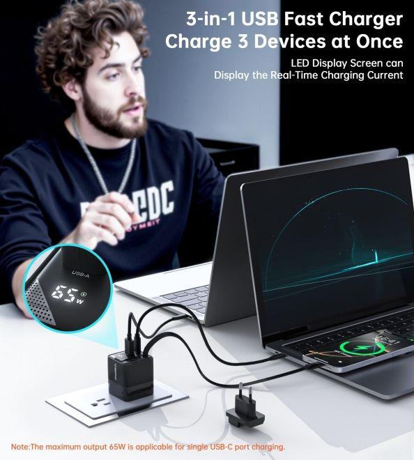 Actual product image Choetech USB Ladegerät mit zwei Anschlüssen und einziehbarem Kabel (65 W)