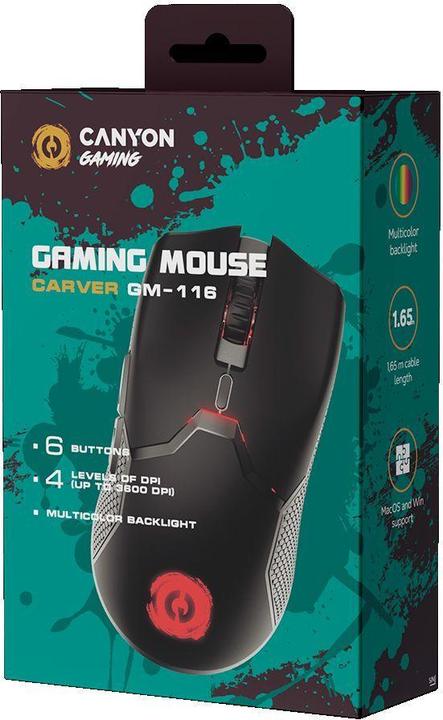 Image du produit Canyon Carver GM-116, 6keys Gaming wired mouse, A603EP sensor, DPI up to 3600, rubber coating on (Filaire)