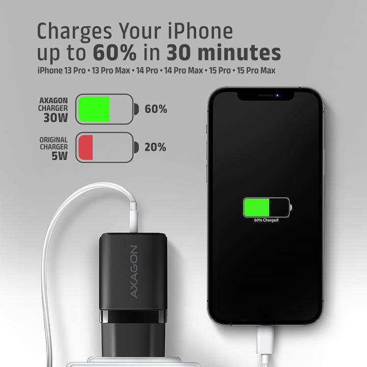 Actual product image Axagon ACU-PD30, Sil charger for wall 30W, 1x USB-C port, PD3.0/PPS/QC4+/SFC/AFC/Apple, black (30 W)